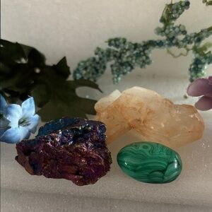 Polished Malachite, peacock ore, and citrine point Crystals